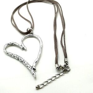 Hollow Heart Necklace Silver-tone Large Pendant on Long Gray Leather Cord
